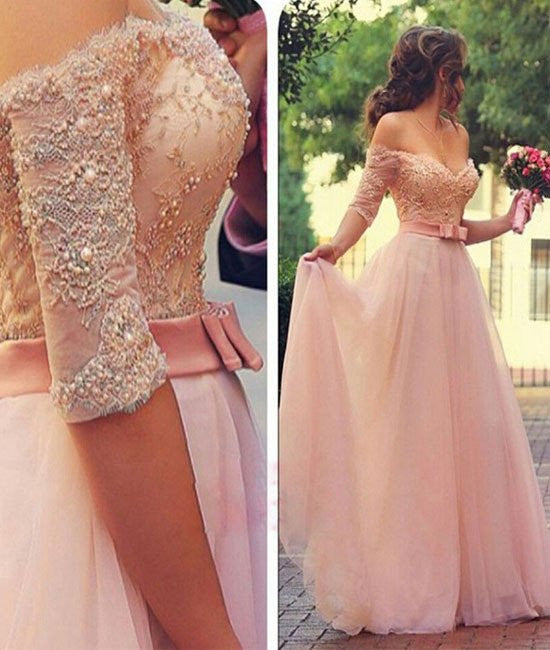 Unthony - A Line Sweetheart Neck Beaded Lace Pink Prom Dresses