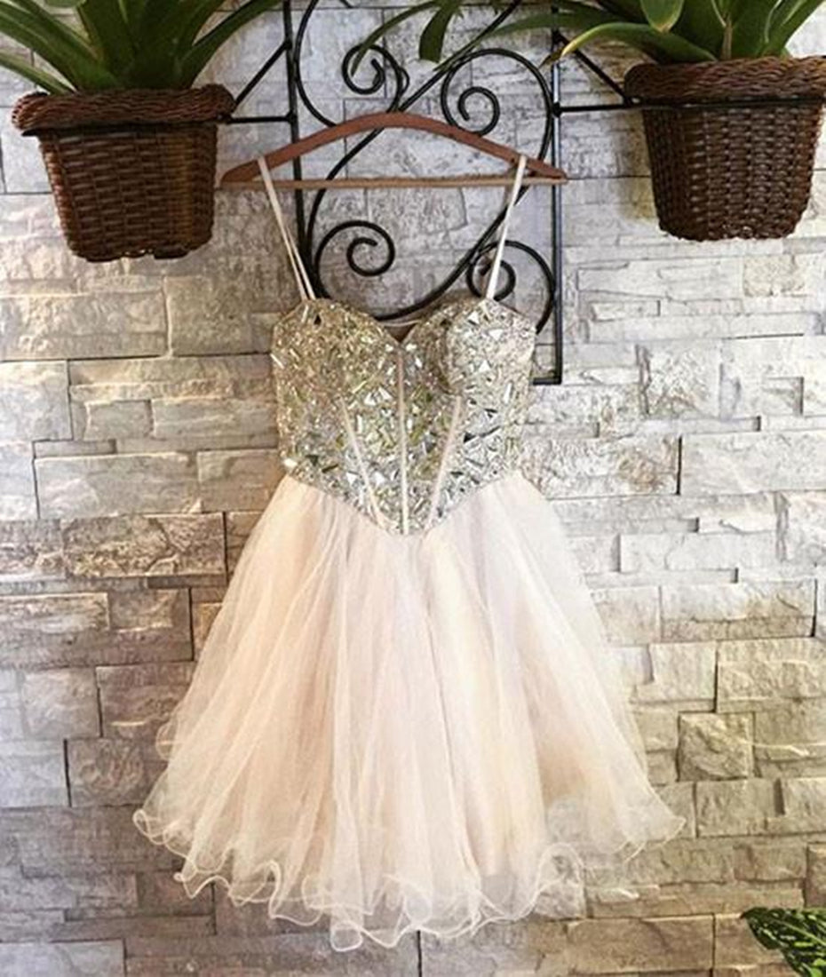 Unthony - Sweetheart Neck Spaghetti Straps Tulle Champagne Homecoming Dresses