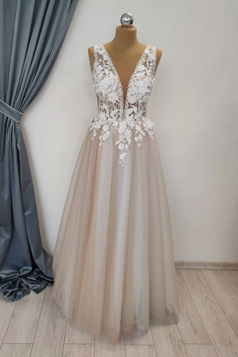 Unthony - A Line V Neck Appliques White Lace Champagne Prom Dress