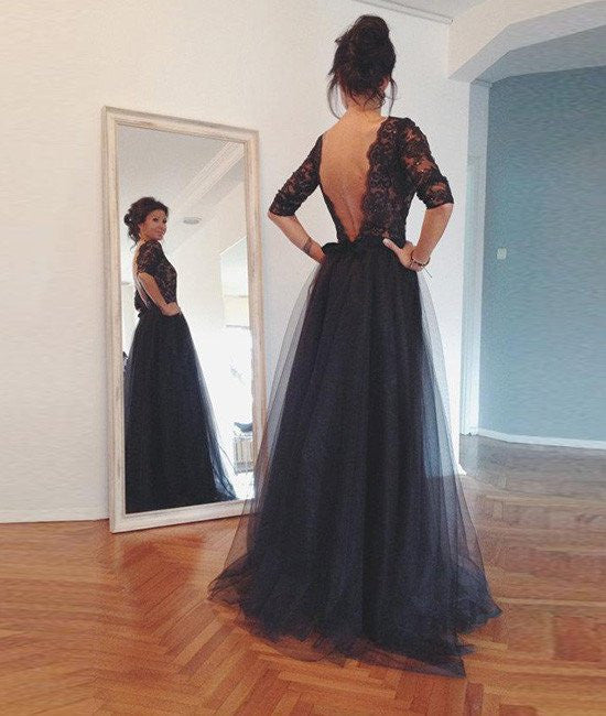 Unthony - Custom Made Long Sleeves Backless Lace Black Prom Dresses
