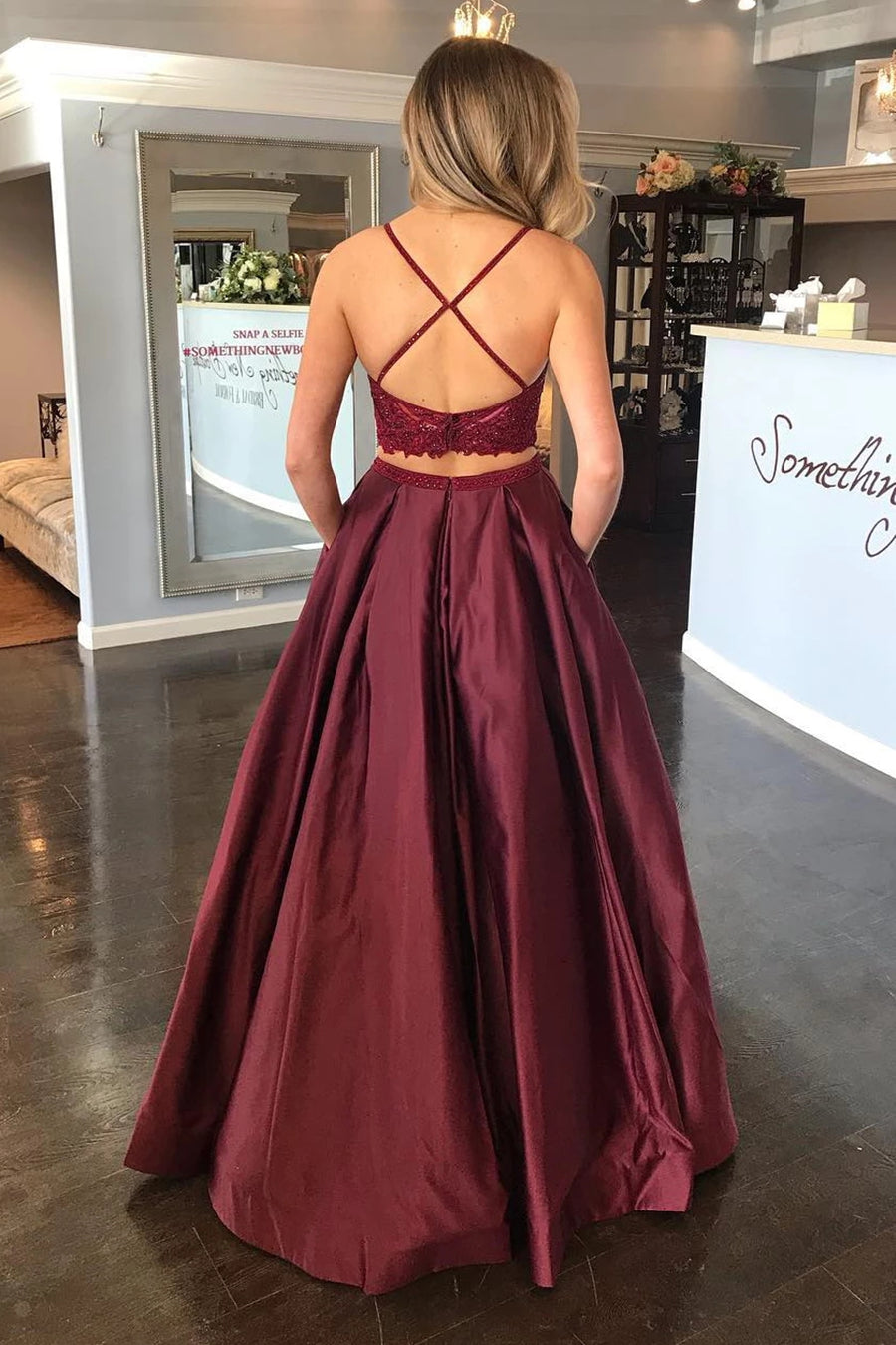 Unthony - Two Pieces Lace Burgundy Long Prom Dress with Pocket