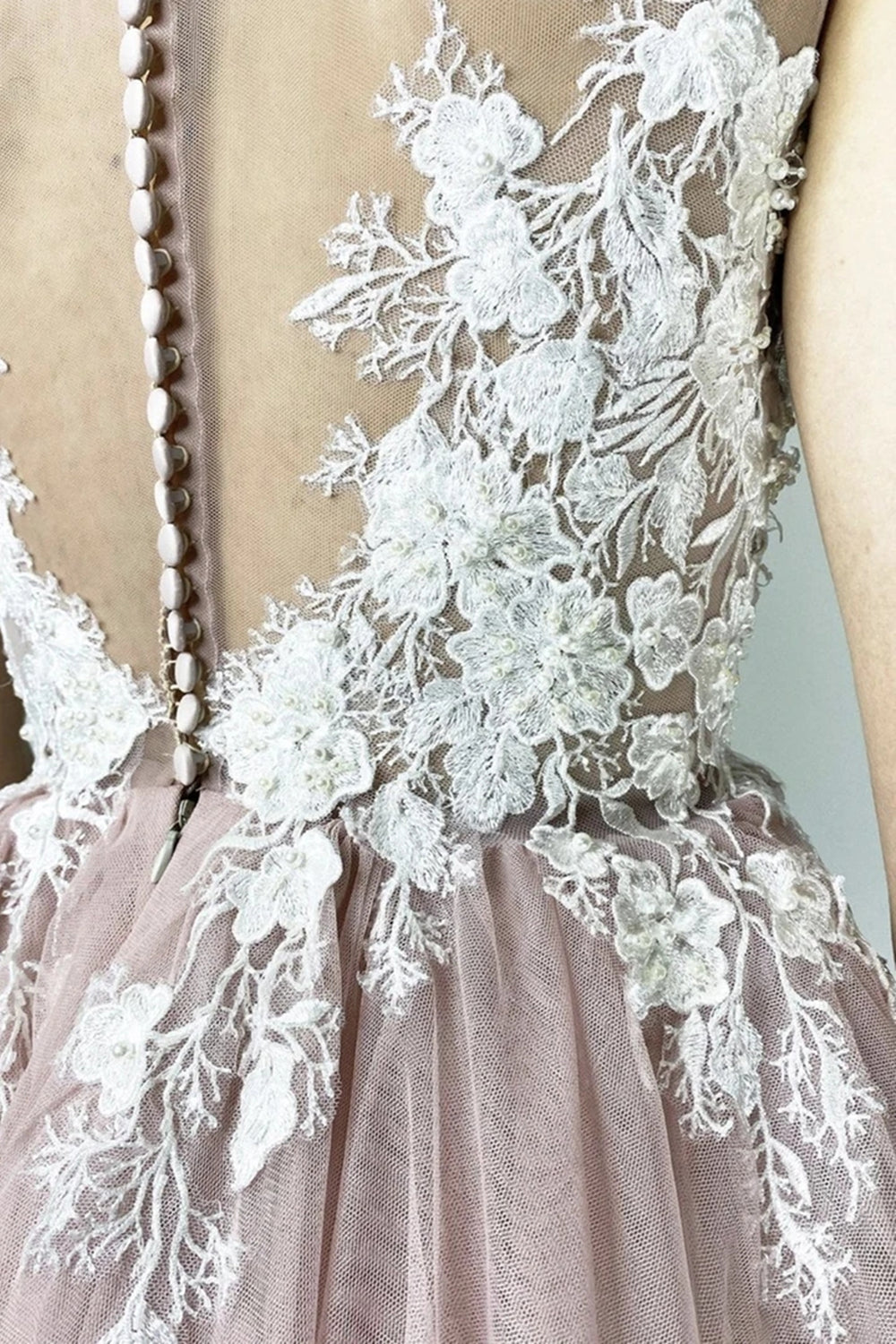 Unthony - Round Neck Short Pink Lace Floral Prom Dress