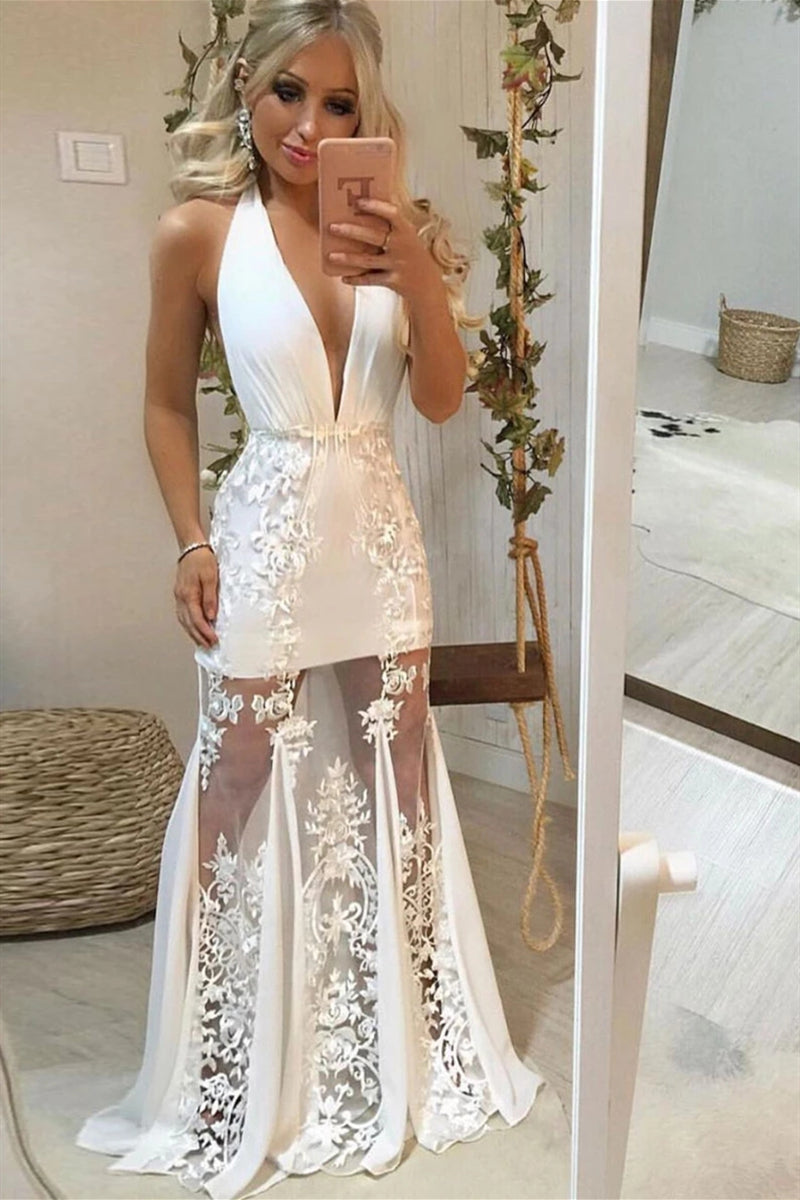 Unthony - A Line Deep V Neck Lace Appliques White Long Prom Dress