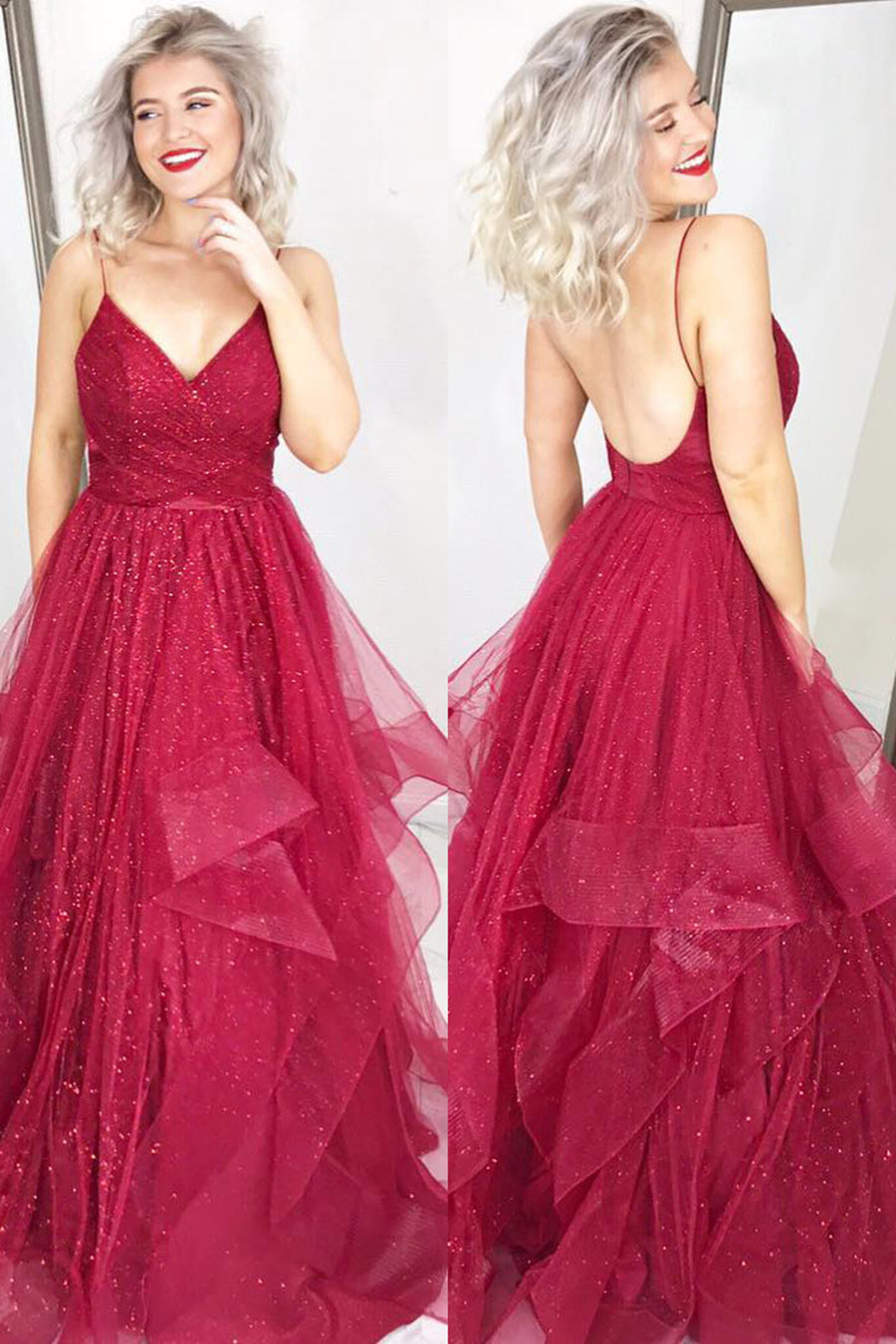 Unthony - Sparkly A Line V Neck Backless Burgundy Long Prom Dresses