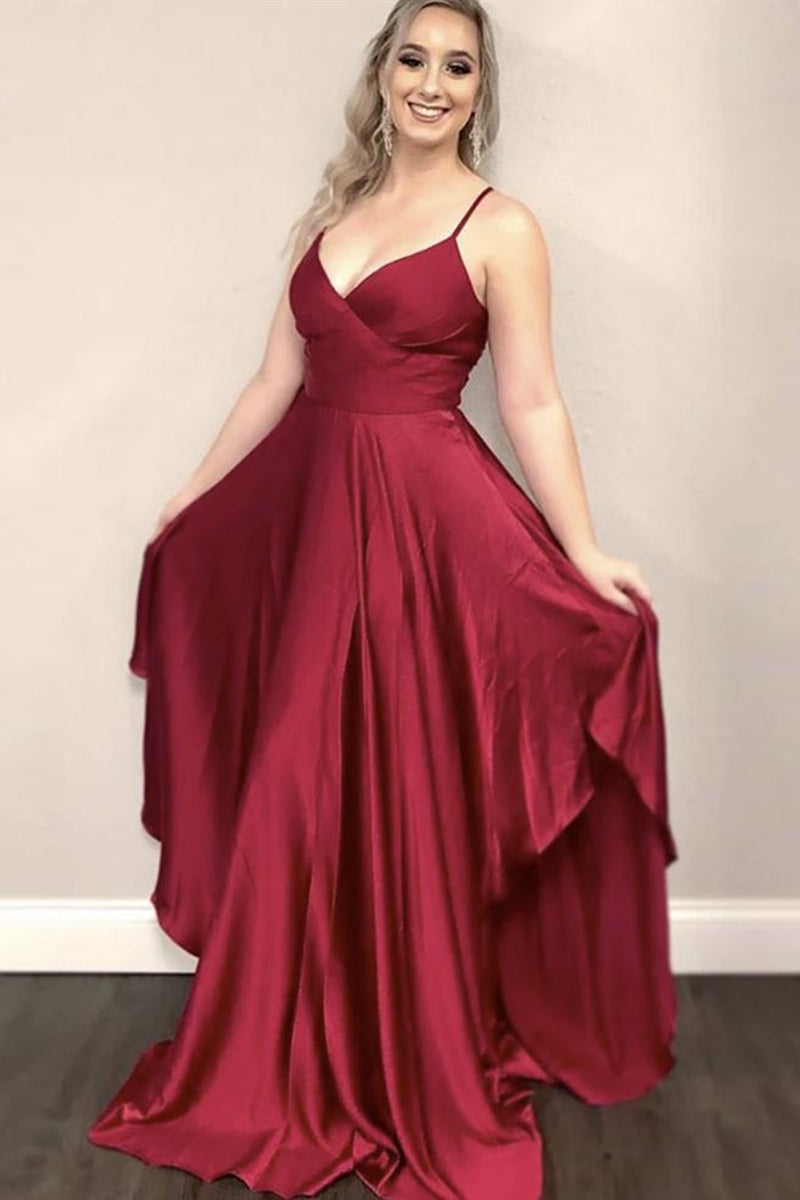 Unthony - Stylish V Neck Burgundy Satin Long Prom Dress
