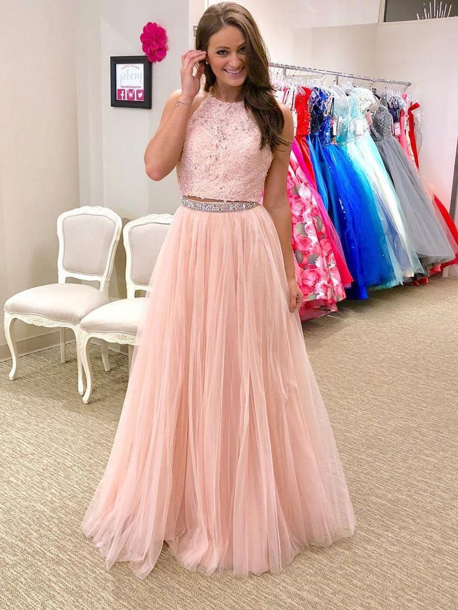 Unthony - A Line Halter Neck Two Pieces Lace Beading Pink Prom Dresses