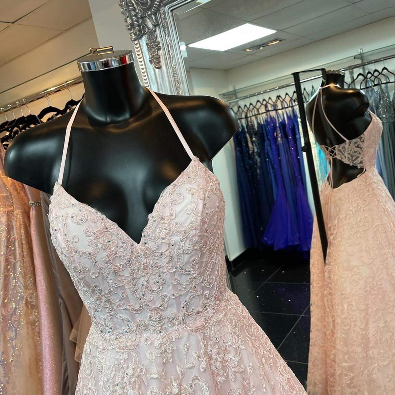 Unthony - A Line V Neck Open Back Pink Lace Long Prom Dress