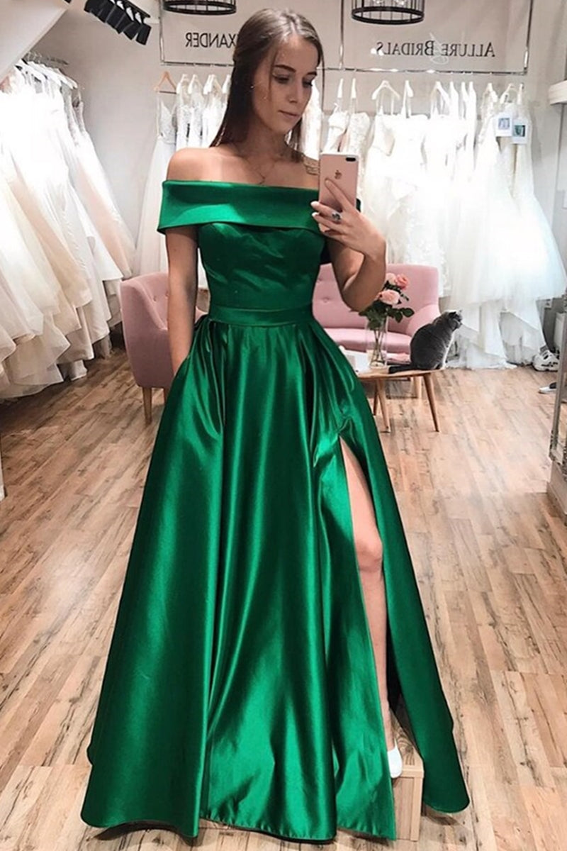 Unthony - Simple Off Shoulder Green Satin Long Prom Dress with Slit