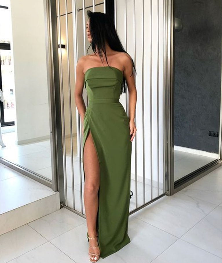 Unthony - Custom Made Strapless Green Prom Dress with High Slit