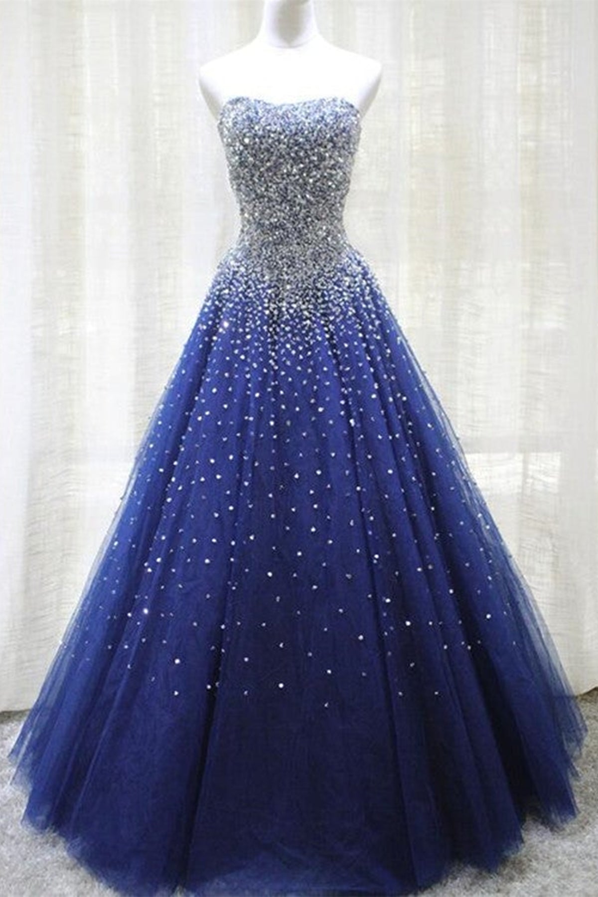 Unthony - Gorgeous Strapless Blue Tulle Beaded Long Prom Dresses