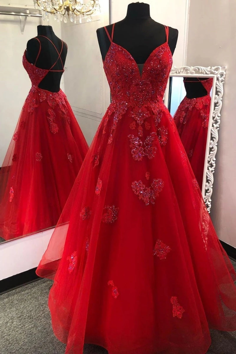 Unthony - Gorgeous V Neck Backless Red Lace Prom Dress 2020