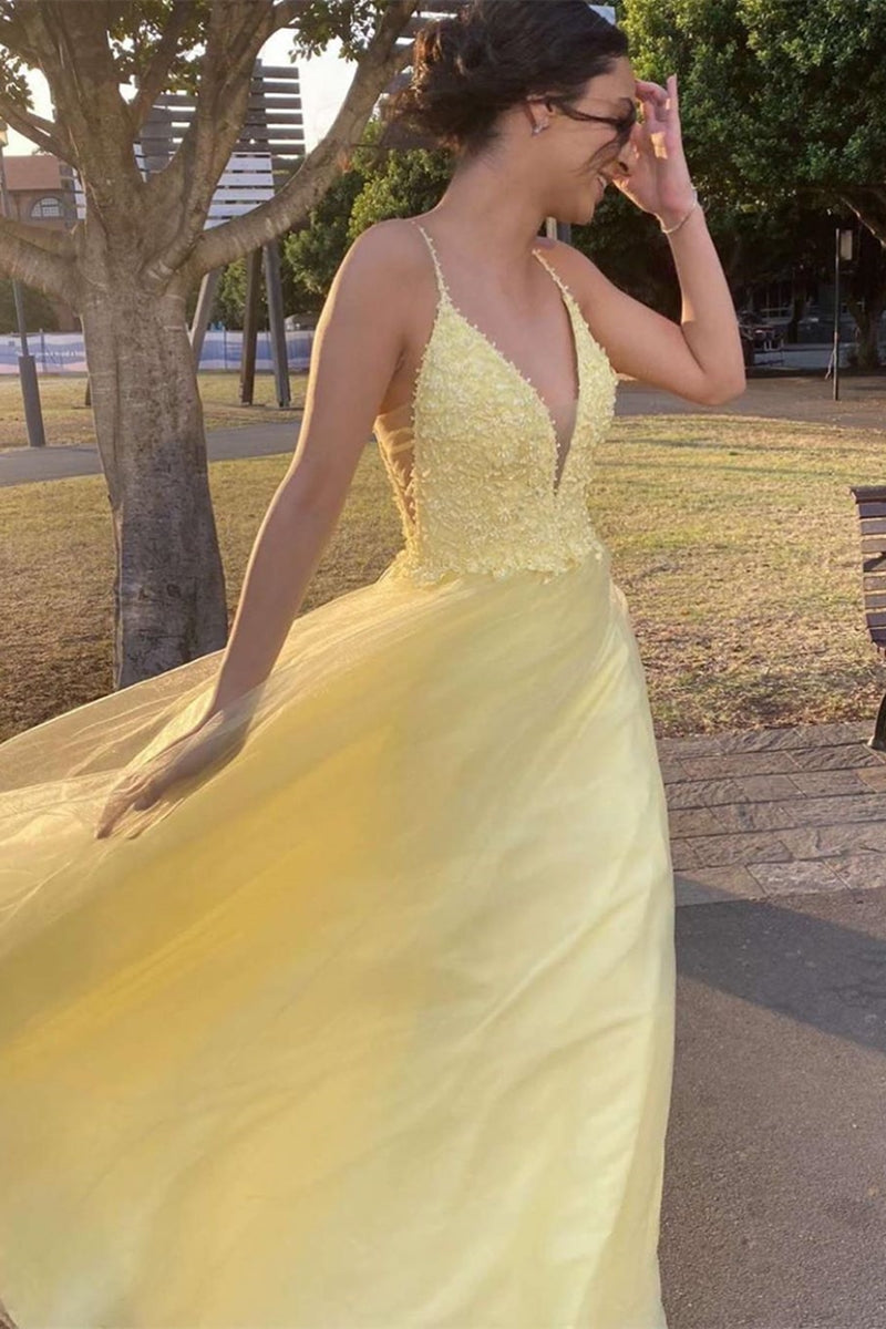 Unthony - A Line V Neck Yellow Lace Long Prom Dresses