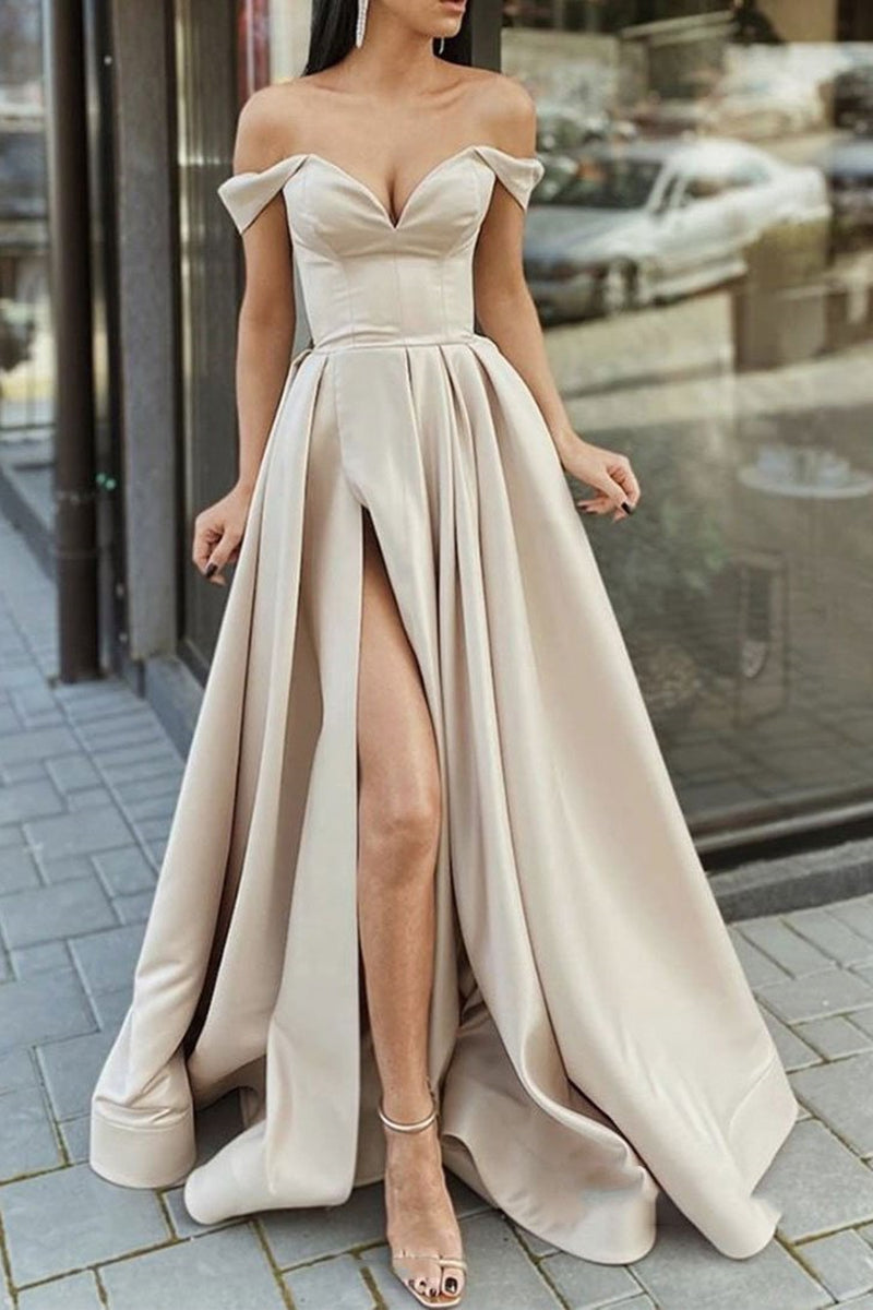 Unthony - Elegant Off Shoulder Champagne Satin Long Prom Dress
