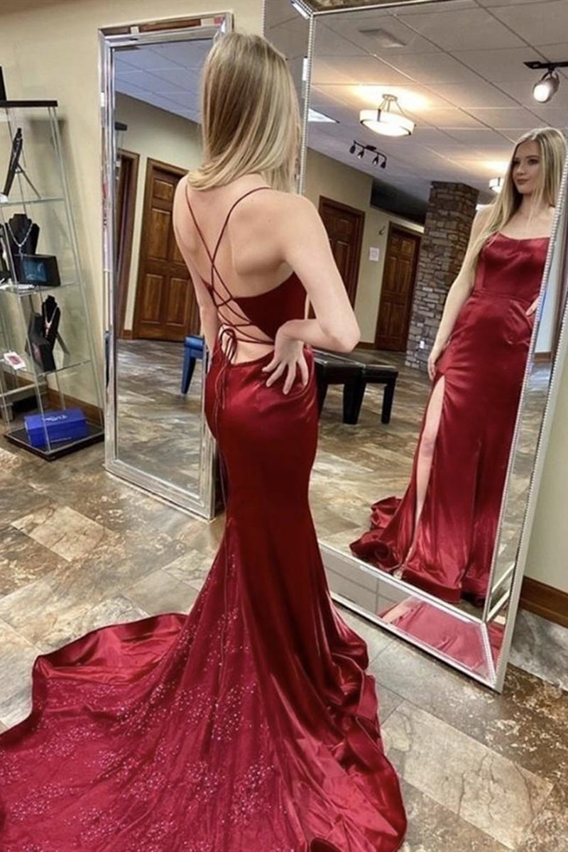 Unthony - Elegant Backless Mermaid Burgundy Satin Long Prom Dress