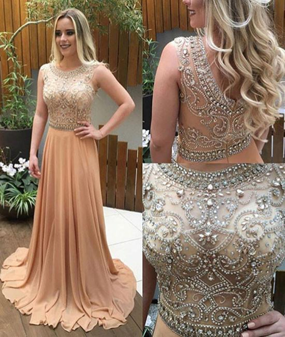 Unthony - Unique A Line Round Neck Chiffon Rhinestones Beading Champagne Long Prom Dresses
