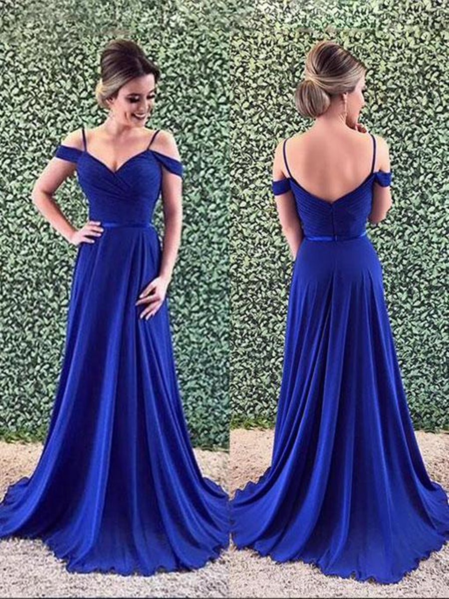 Unthony - A Line Off Shoulder Backless Royal Blue Long Prom Dresses with Straps