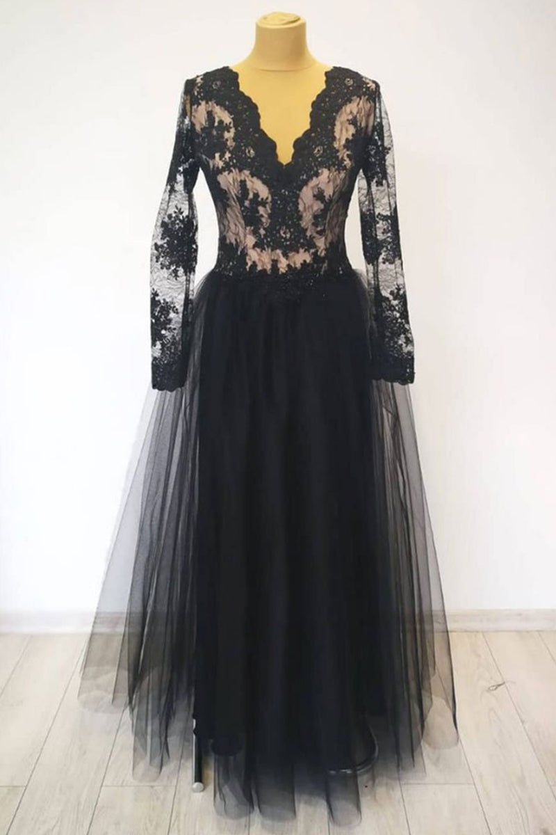 Unthony - V Neck Long Sleeves Black Lace Long Prom Dress