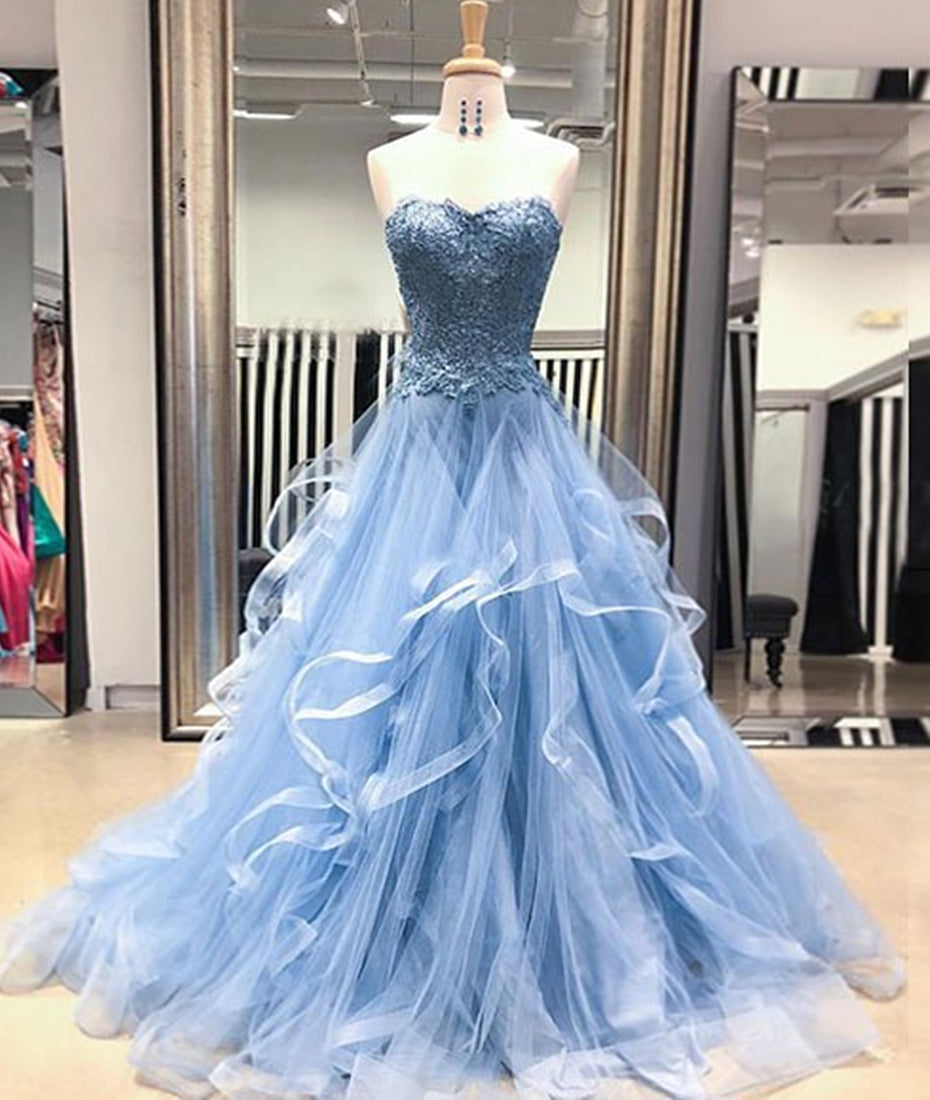 Unthony - Blue Lace Tulle Long Prom Dresses