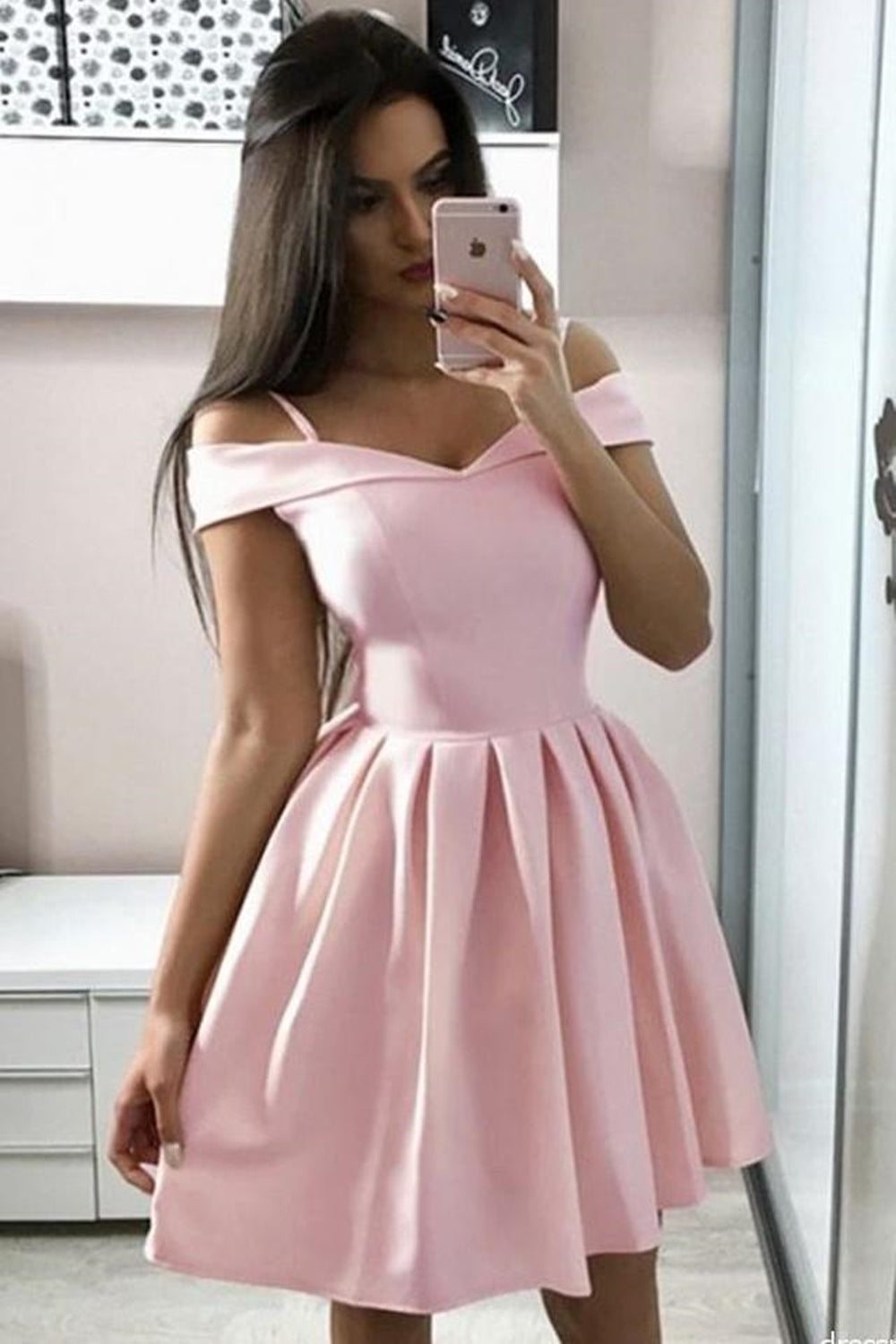 Unthony - Cute Off the Shoulder Pink Short Prom Dress