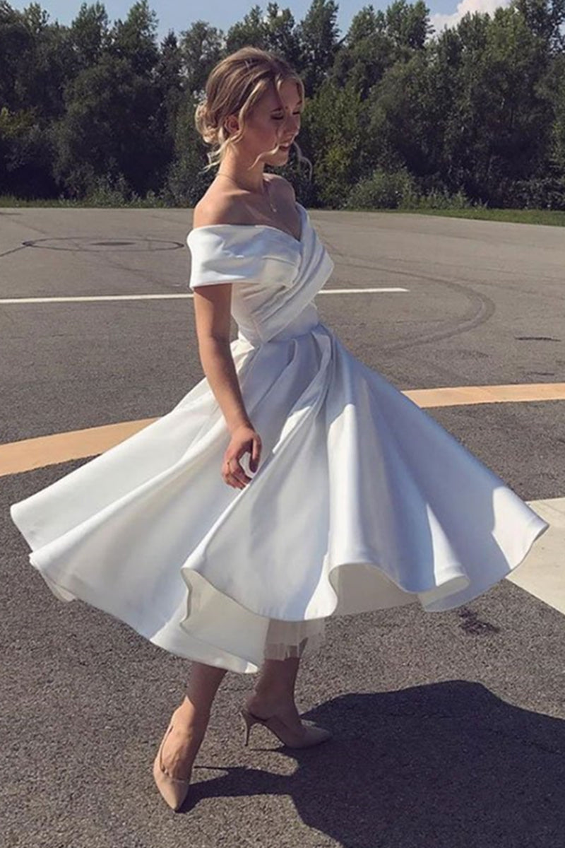 Unthony - Off Shoulder White Satin Tea Length Prom Dress