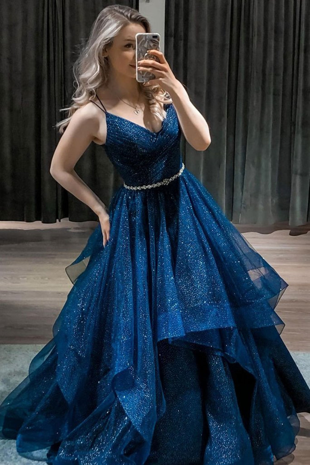 Unthony - Shiny V Neck Dark Blue Long Prom Dress with Belt