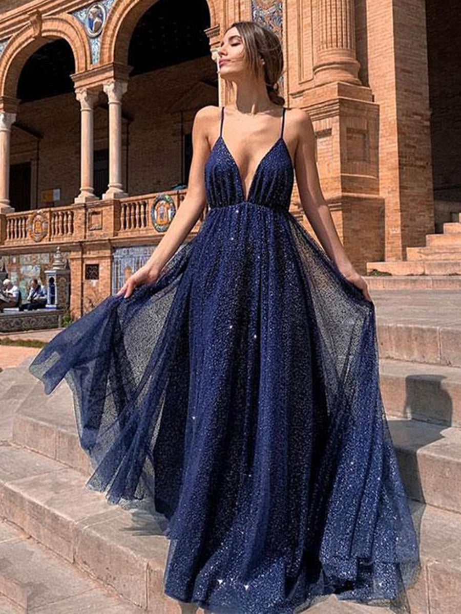 Unthony - Sparkly A Line V Neck Backless Sequins Navy Blue Prom Dresses