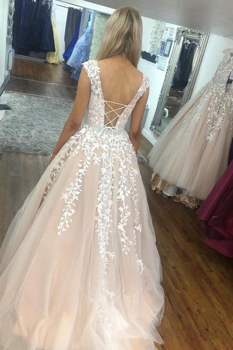 Unthony - Round Neck Cap Sleeves White Lace Champagne Long Prom Dress