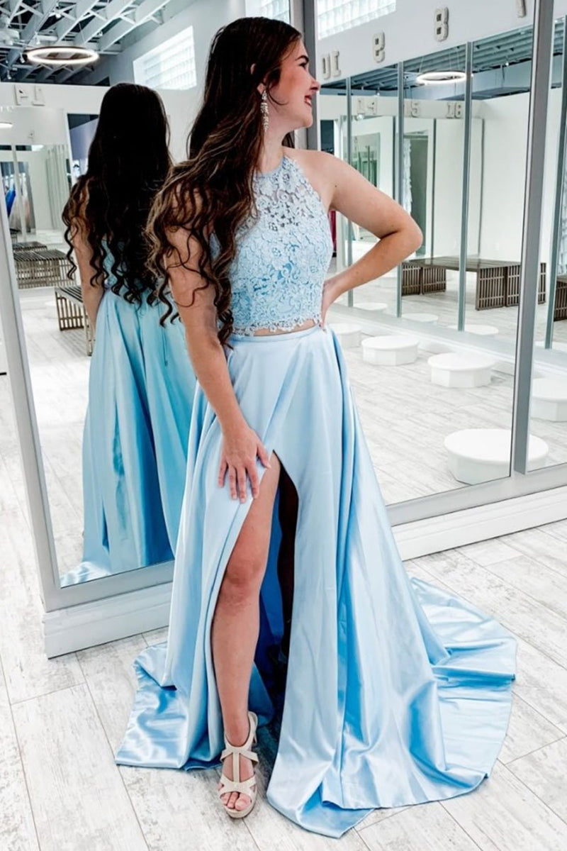 Unthony - Two Pieces Blue Lace Long Prom Dress with Slit