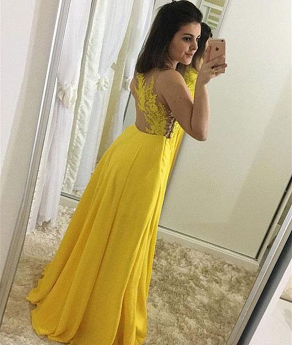 Unthony - A Line Sweetheart Neck Lace Yellow Chiffon Long Prom Dresses