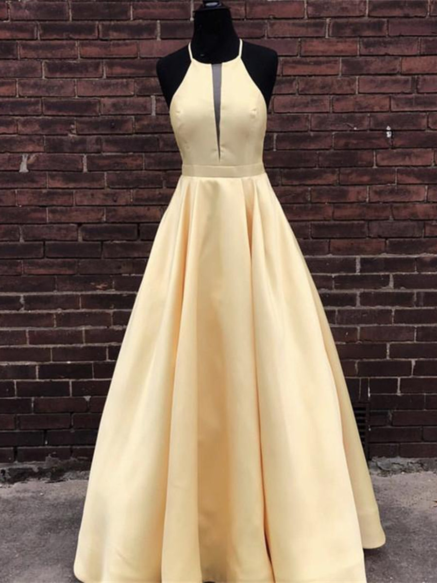 Unthony - Simple Halter Yellow Satin Long Prom Dresses 2019
