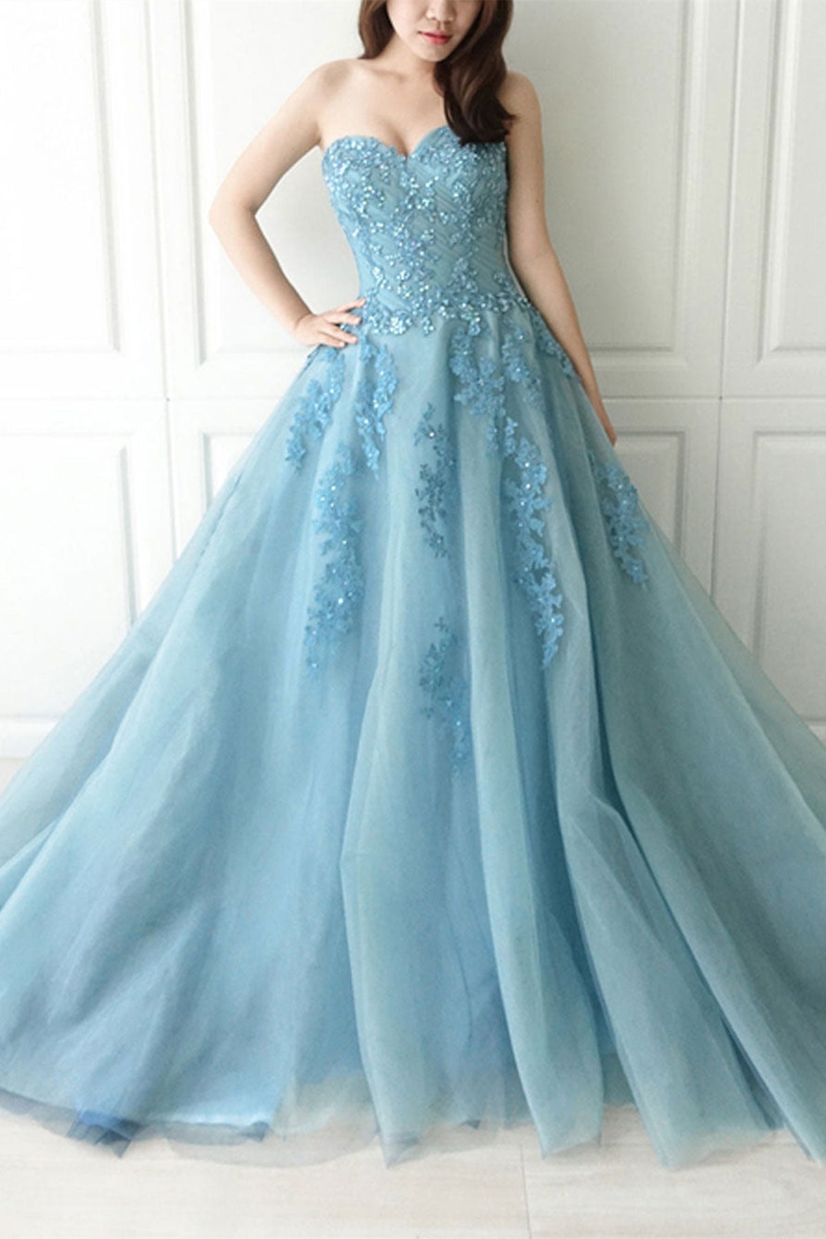 Unthony - Strapless Open Back Blue Lace Long Prom Dress