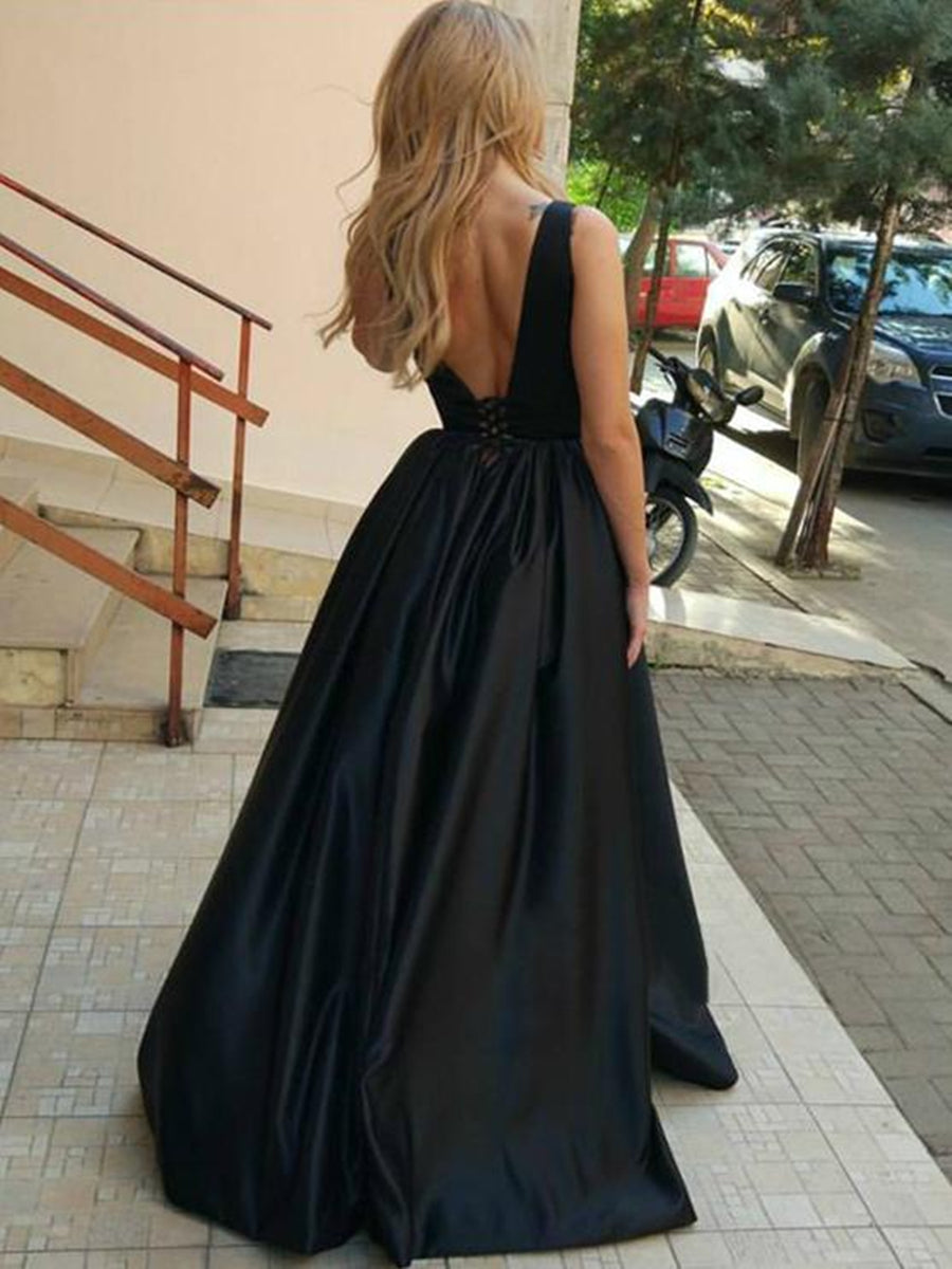 Unthony - Black A Line V Neck Open Back Satin Long Prom Dresses