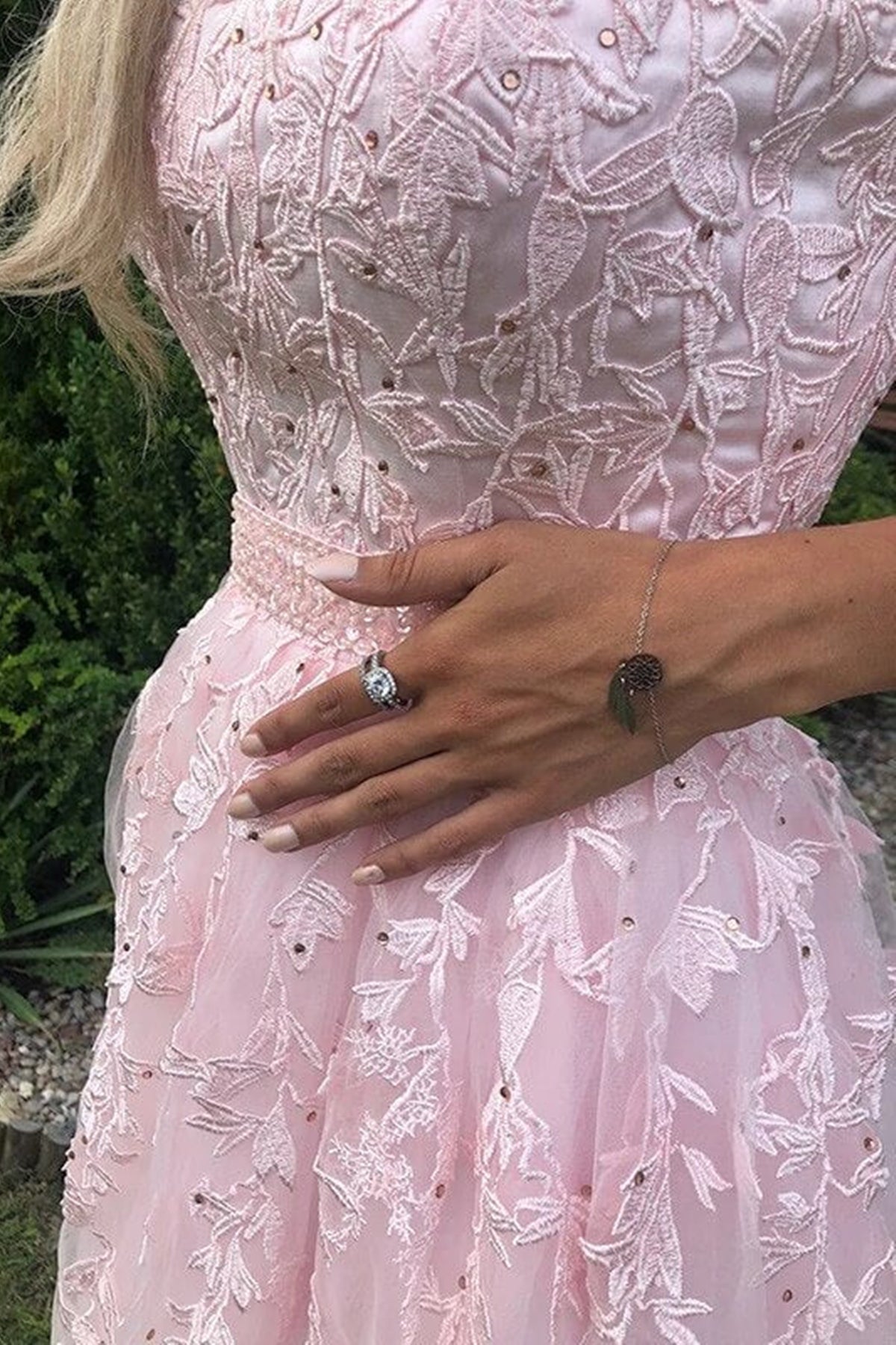 Unthony - Strapless Beaded Pink Lace Long Prom Dress