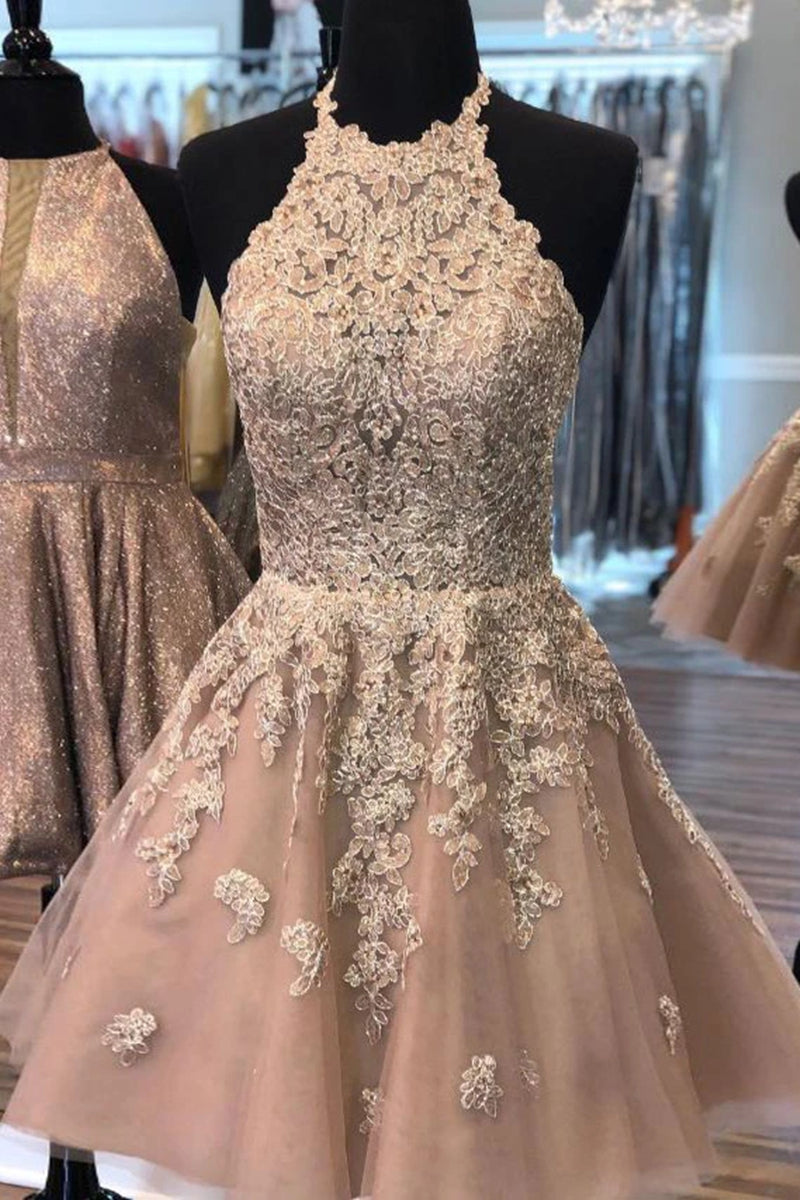 Unthony - Halter Neck Short Champagne Lace Prom Dress