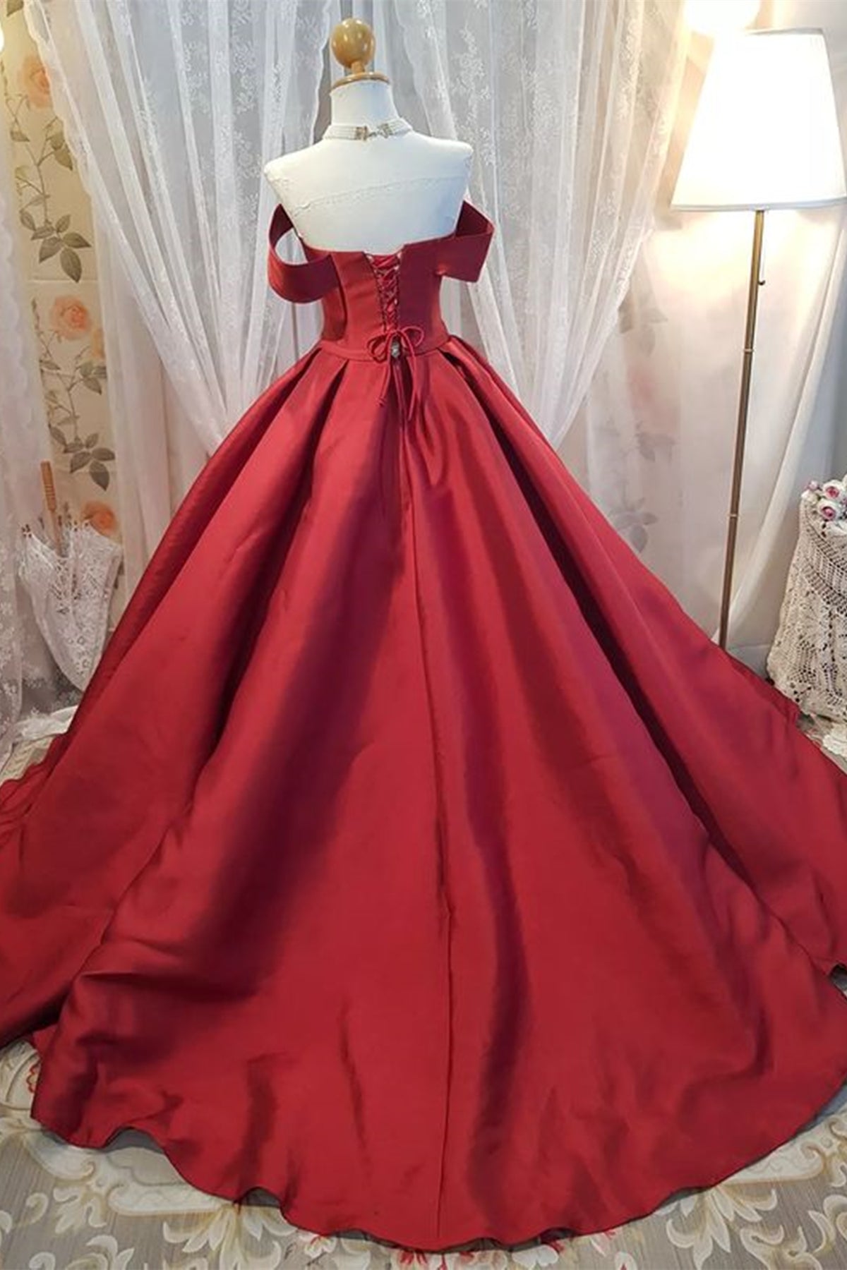 Unthony - Off Shoulder Burgundy Satin Long Prom Dress