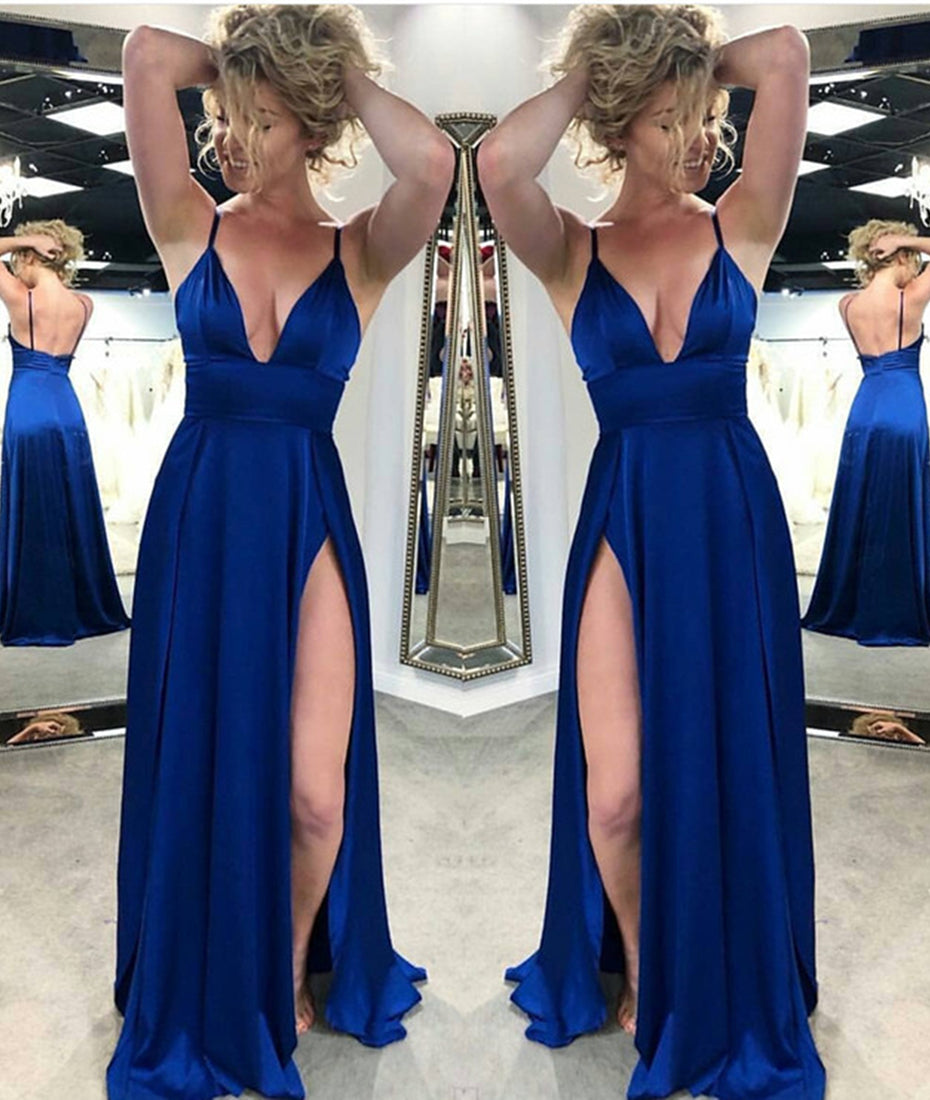 Unthony - A Line V Neck Backless Royal Blue Satin Long Prom Dresses with High Slit
