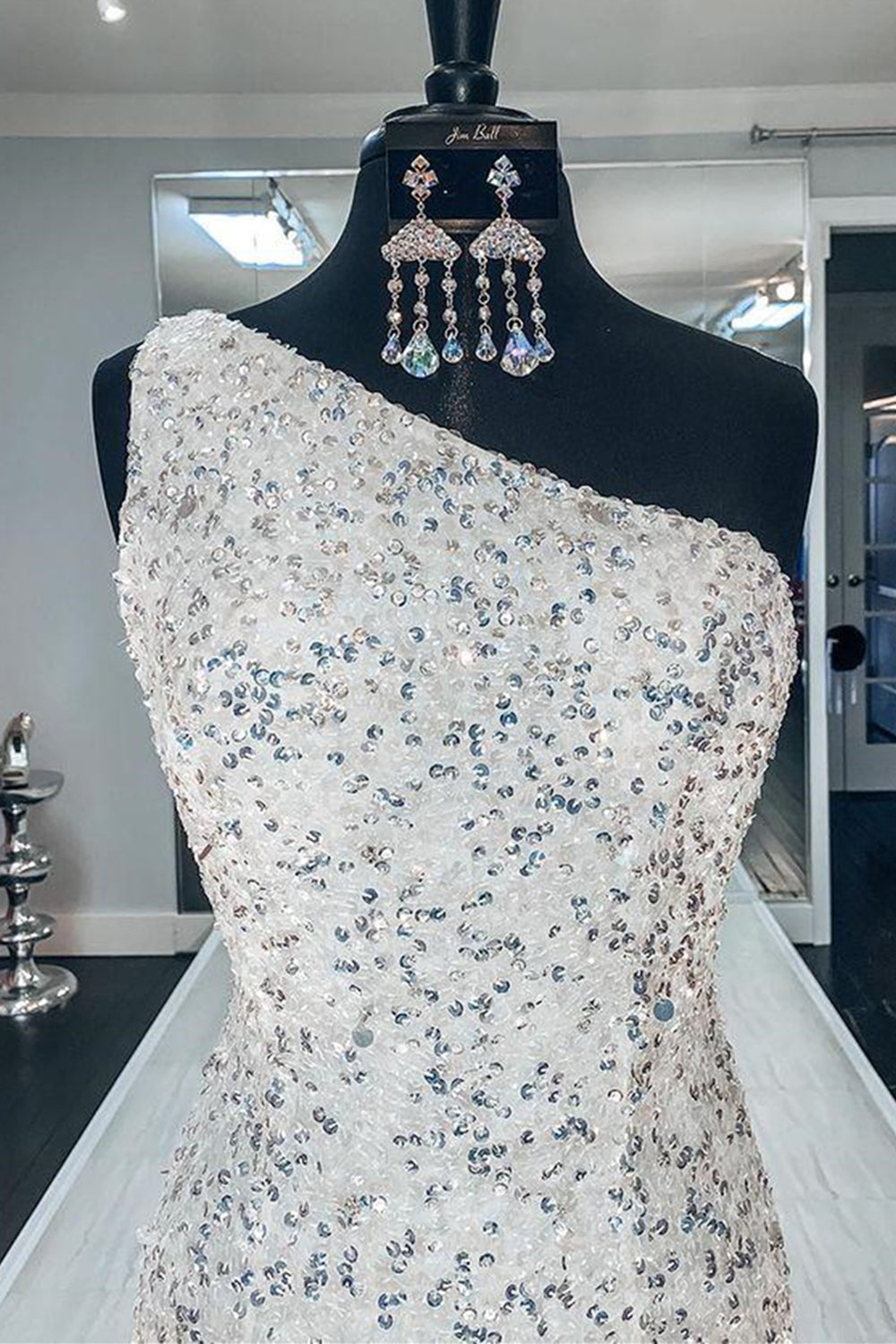 Unthony - One Shoulder Mermaid Sequins Ivory Long Prom Dress