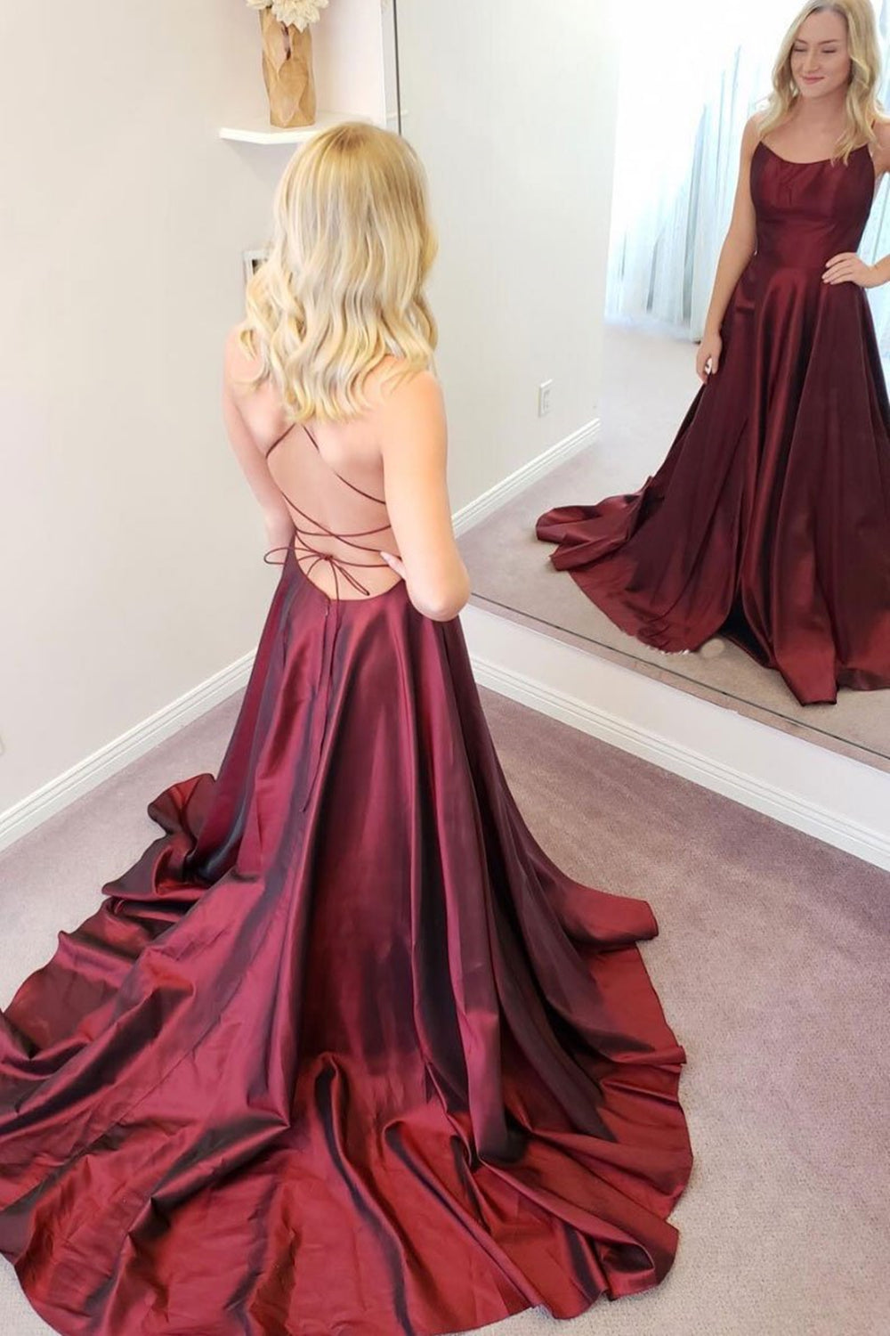 Unthony - Simple A Line Backless Thin Strap Burgundy Satin Long Prom Dress