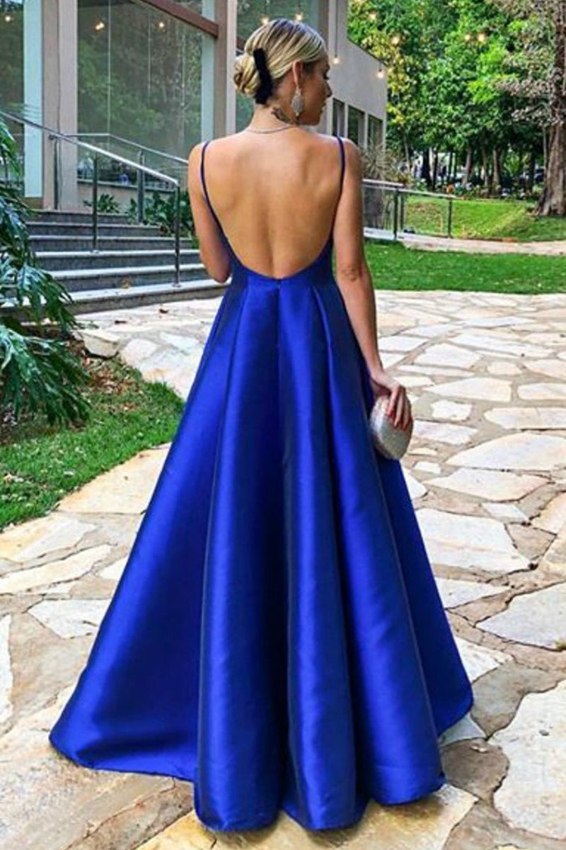 Unthony - Simple A Line V Neck Backless Royal Blue Satin Long Prom Dress
