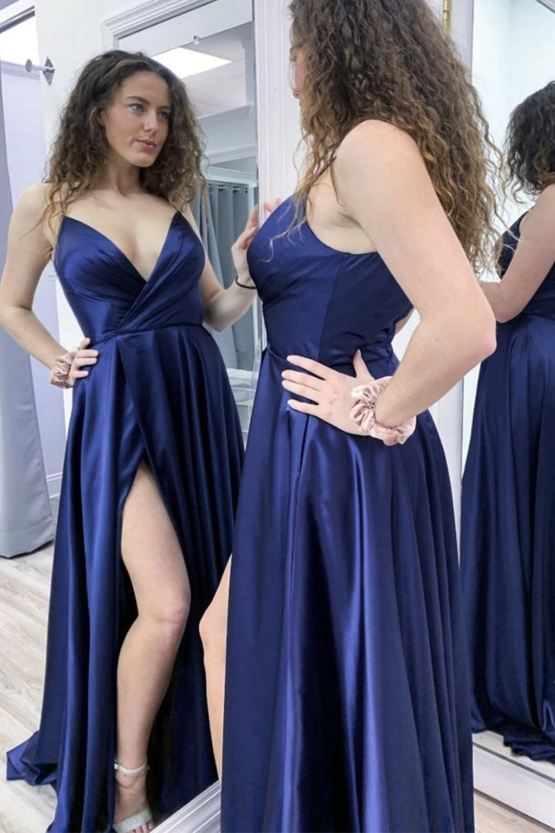 Unthony - A Line V Neck Navy Blue Satin Long Prom Dress with High Slit