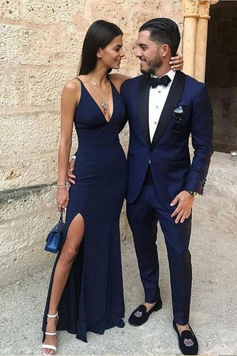 Unthony - Simple A Line V Neck Mermaid Navy Blue Long Prom Dresses with Leg Slit