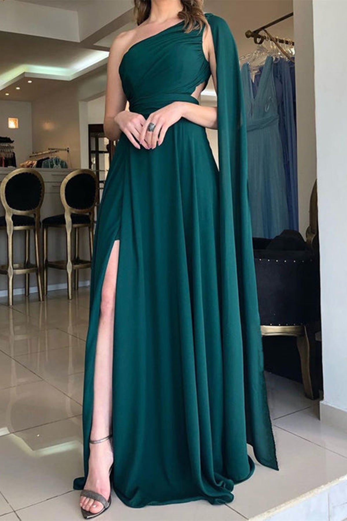Unthony - Elegant One Shoulder Green Chiffon Long Prom Dress with High Slit