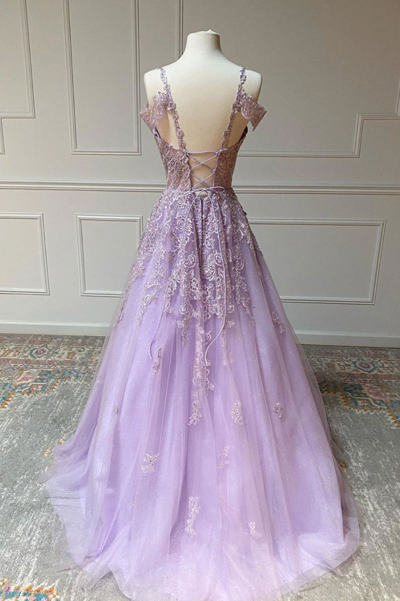 Unthony - V Neck Off Shoulder Long Lilac Lace Prom Dress