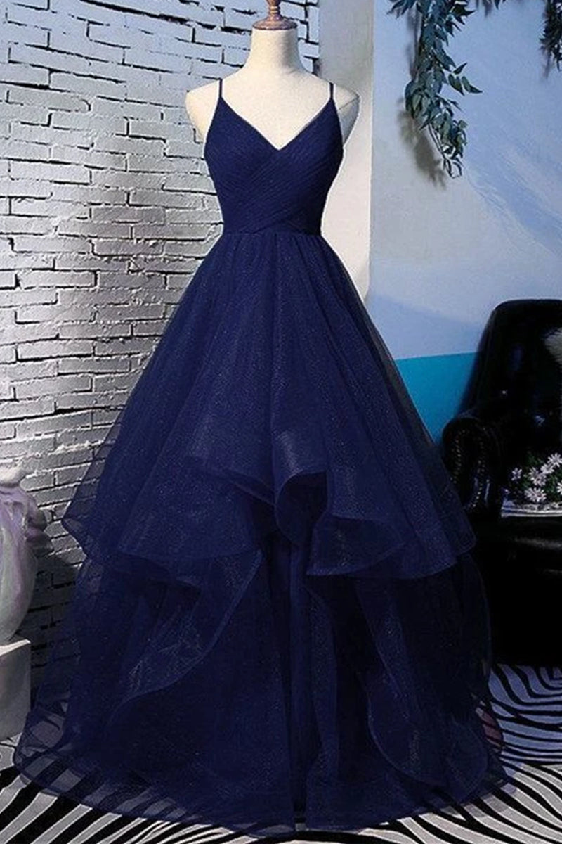 Unthony - Fluffy V Neck Navy Blue Long Prom Dress with Straps