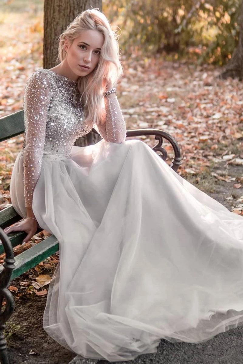 Unthony - Round Neck Long Sleeves Grey Sequins Long Prom Dress