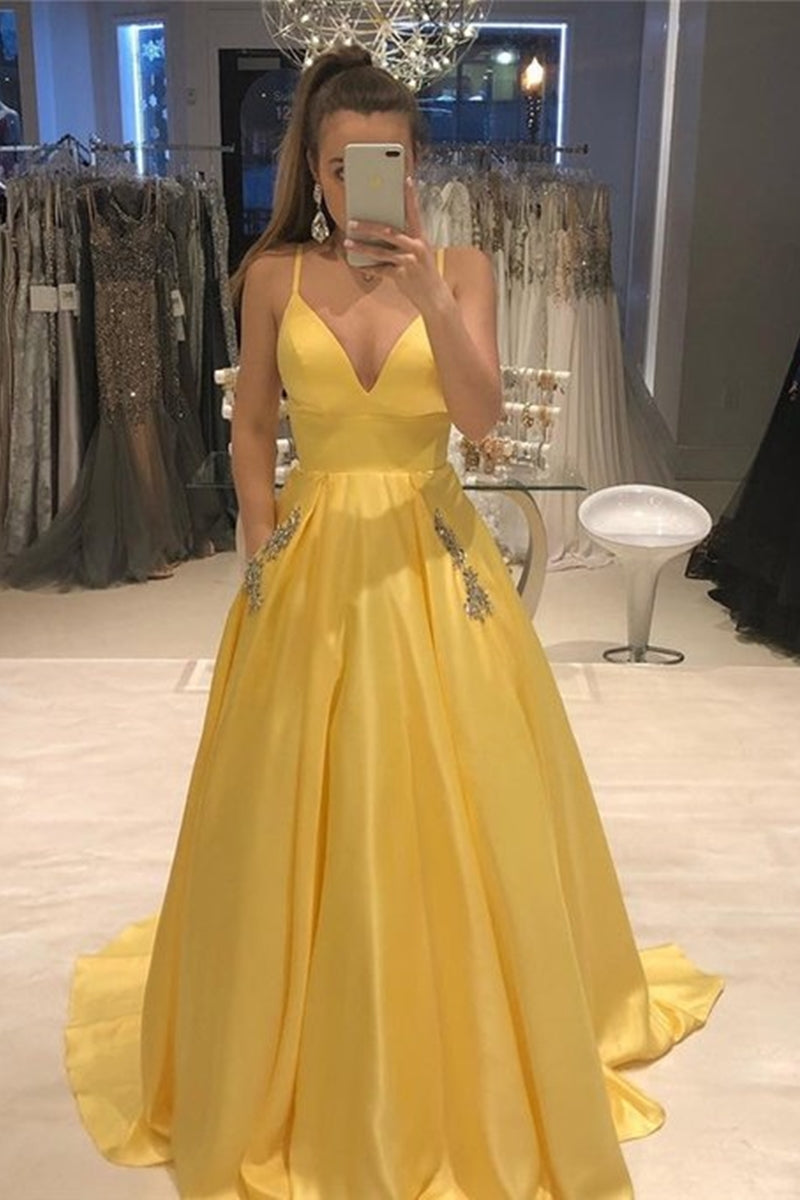 Unthony - Custom Made A Line V Neck Yellow Satin Long Prom Dress with Pocket