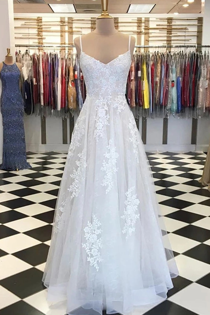 Unthony - A Line V Neck Lace Appliques White Prom Dress Wedding Dress