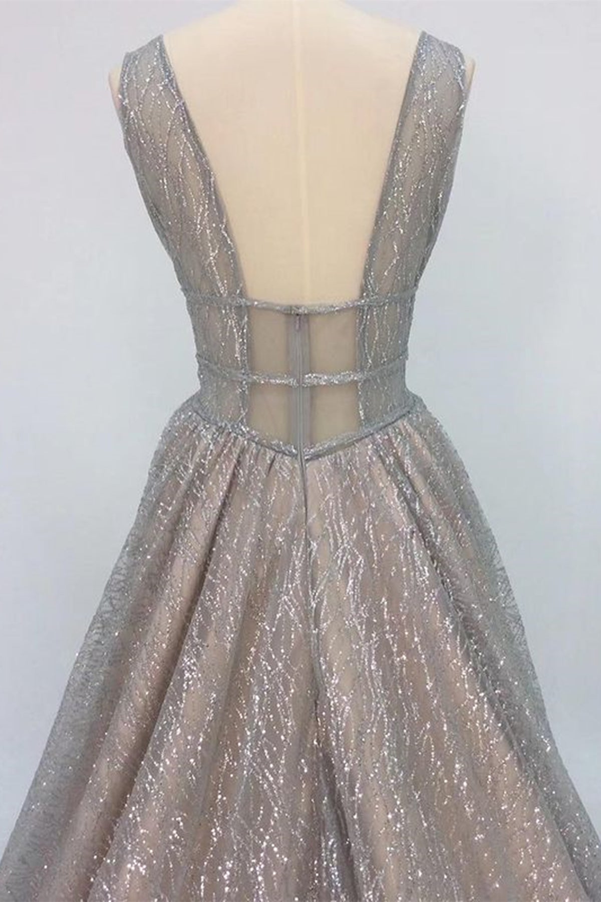 Unthony - Shiny V Neck Open Back Champagne Long Prom Dresses