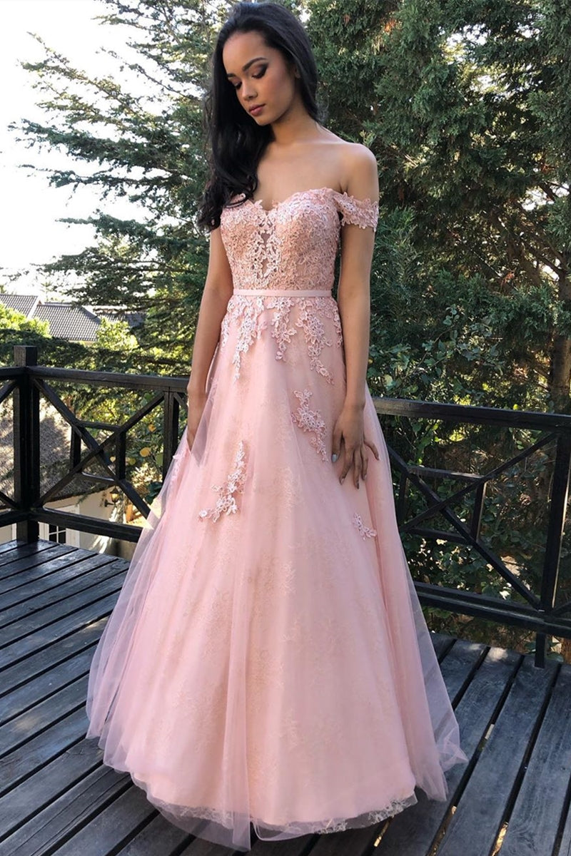 Unthony - Elegant Off Shoulder Lace Pink Long Prom Dress
