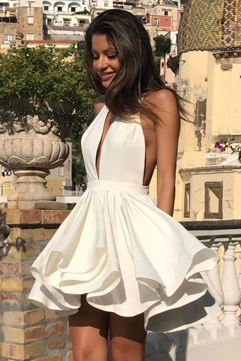 Unthony - Cute Halter V Neck Backless Layered White Homecoming Dresses Short Prom Dresses